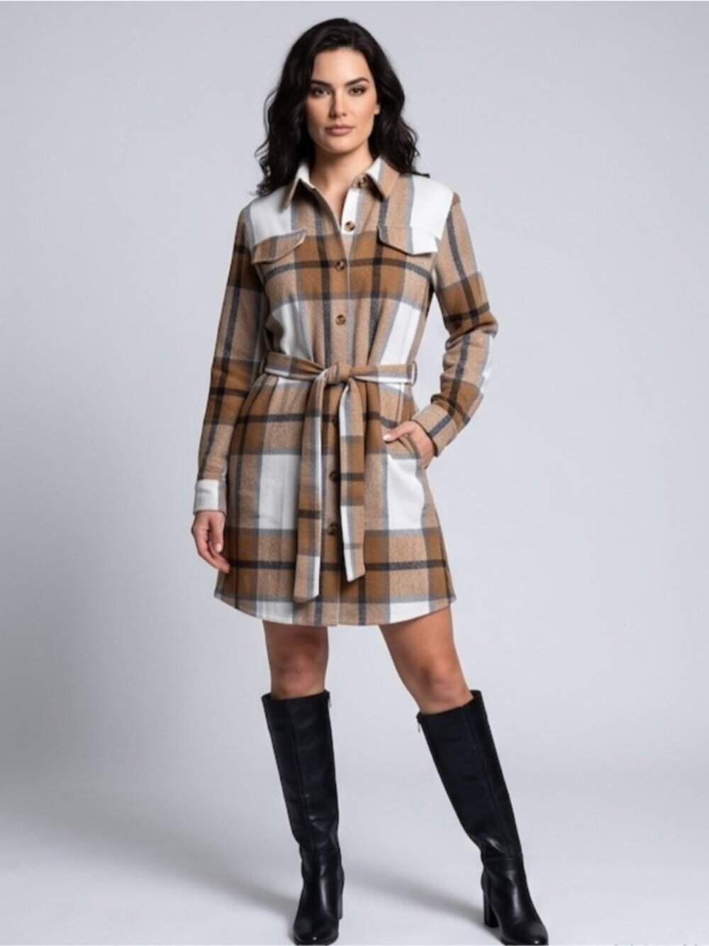 Plaid Single Breasted Belted Shirt Dress
